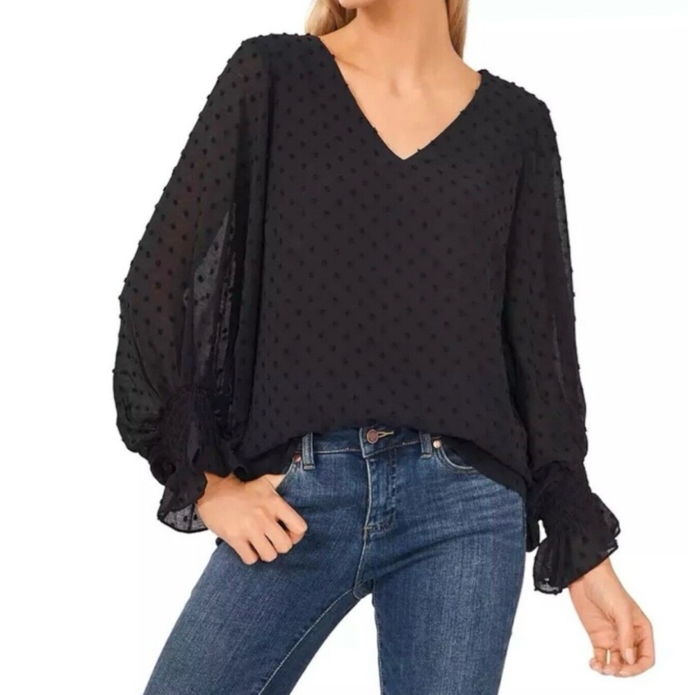 Vince Camuto V-neck Textured Swiss Dot Pattern Sheer Ruffle Long Sleeve Blouse